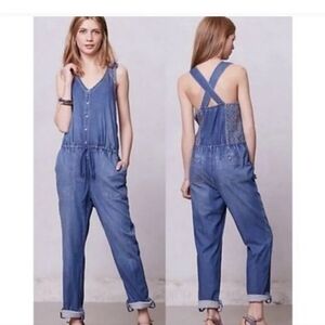 Anthropologie Holding Horses Blue Boho Denim Overalls Jumpsuit Size 12